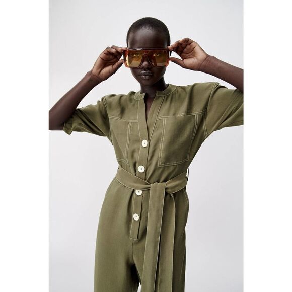 ZARA Khaki Lyocell Jumpsuit Contrasting Stitching - Picture 1 of 7
